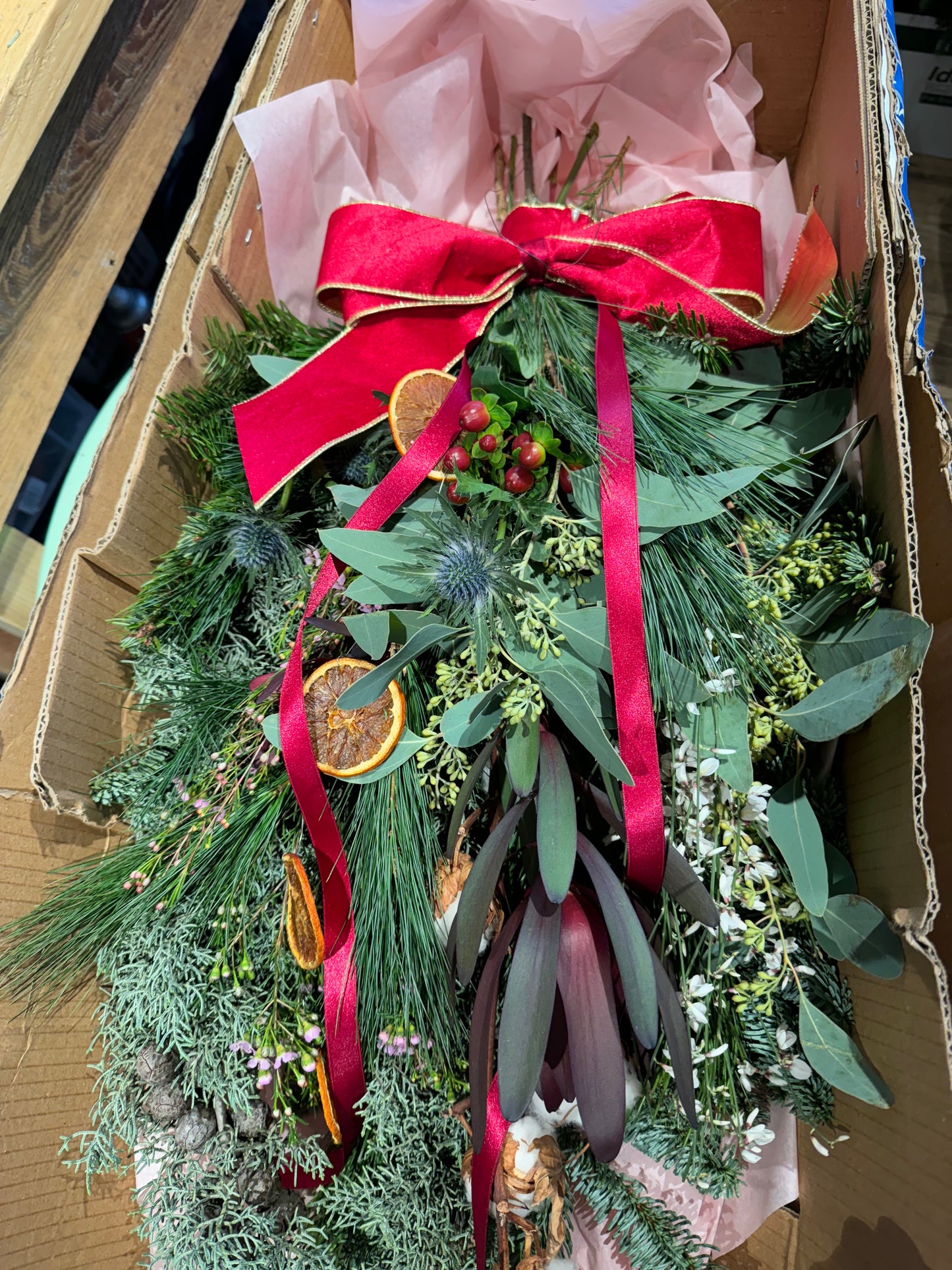 Luxury Christmas swag packaged for UK-wide next day delivery ā Barns Florals Cornwall.