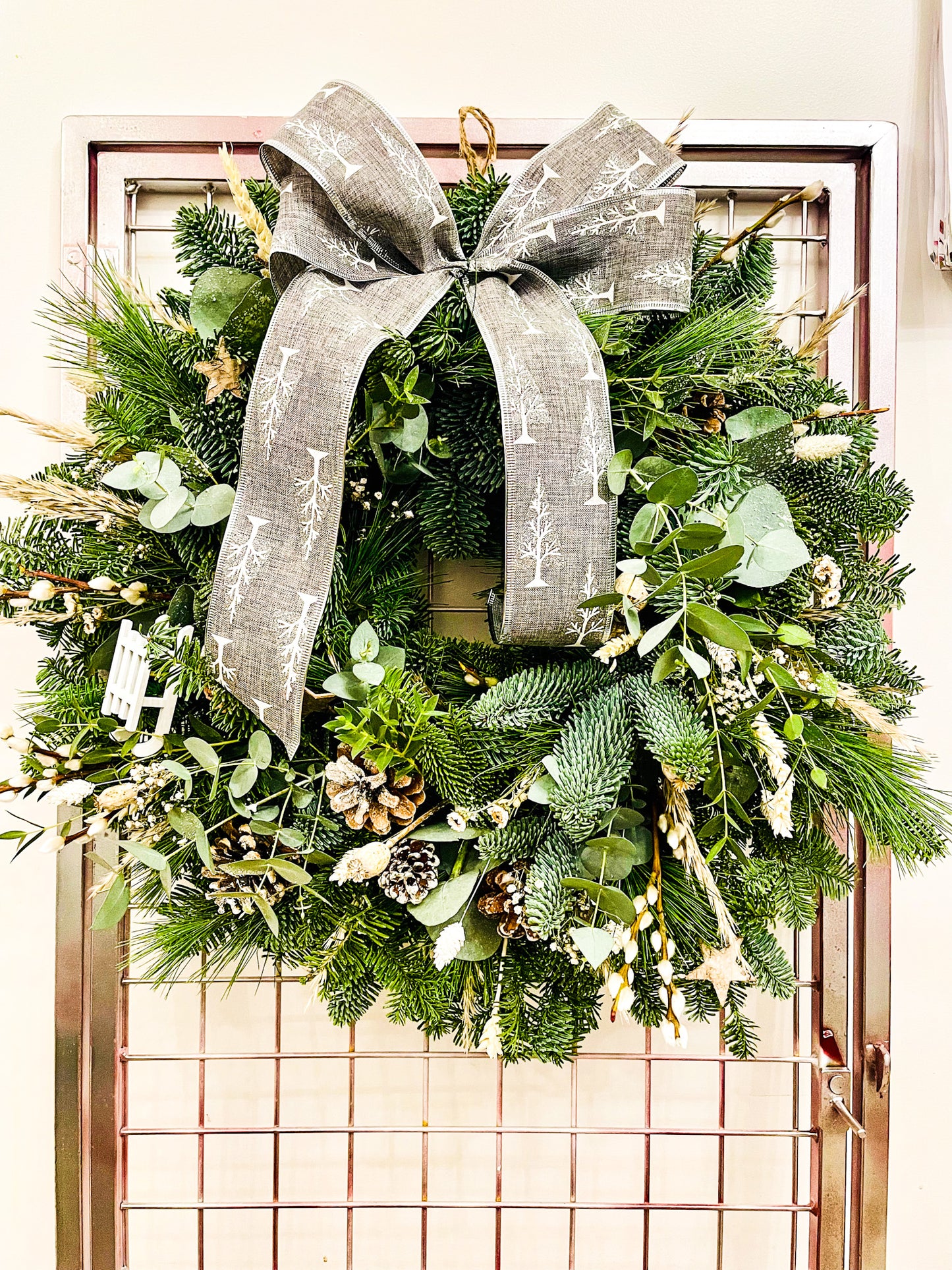 Snow Queen & Pine Wreath styled on a front door – luxury winter design by Barns Florals