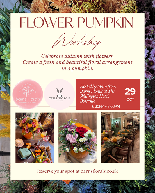 Promotional flyer for a 'Flower Pumpkin Workshop' featuring autumnal floral arrangements, a workshop description, host details for Barns Florals, and a booking URL, framed by a border of colorful flowers.