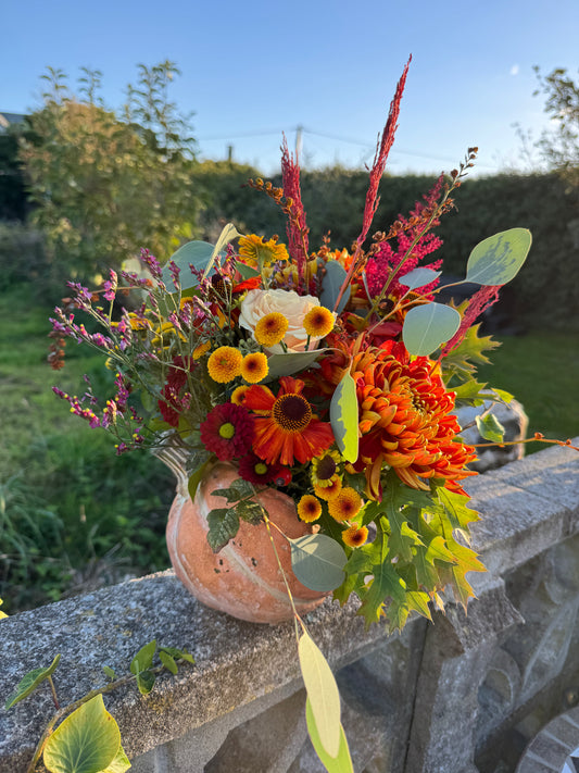 Autumn Blooms in a Ceramic Pumpkin or Squash