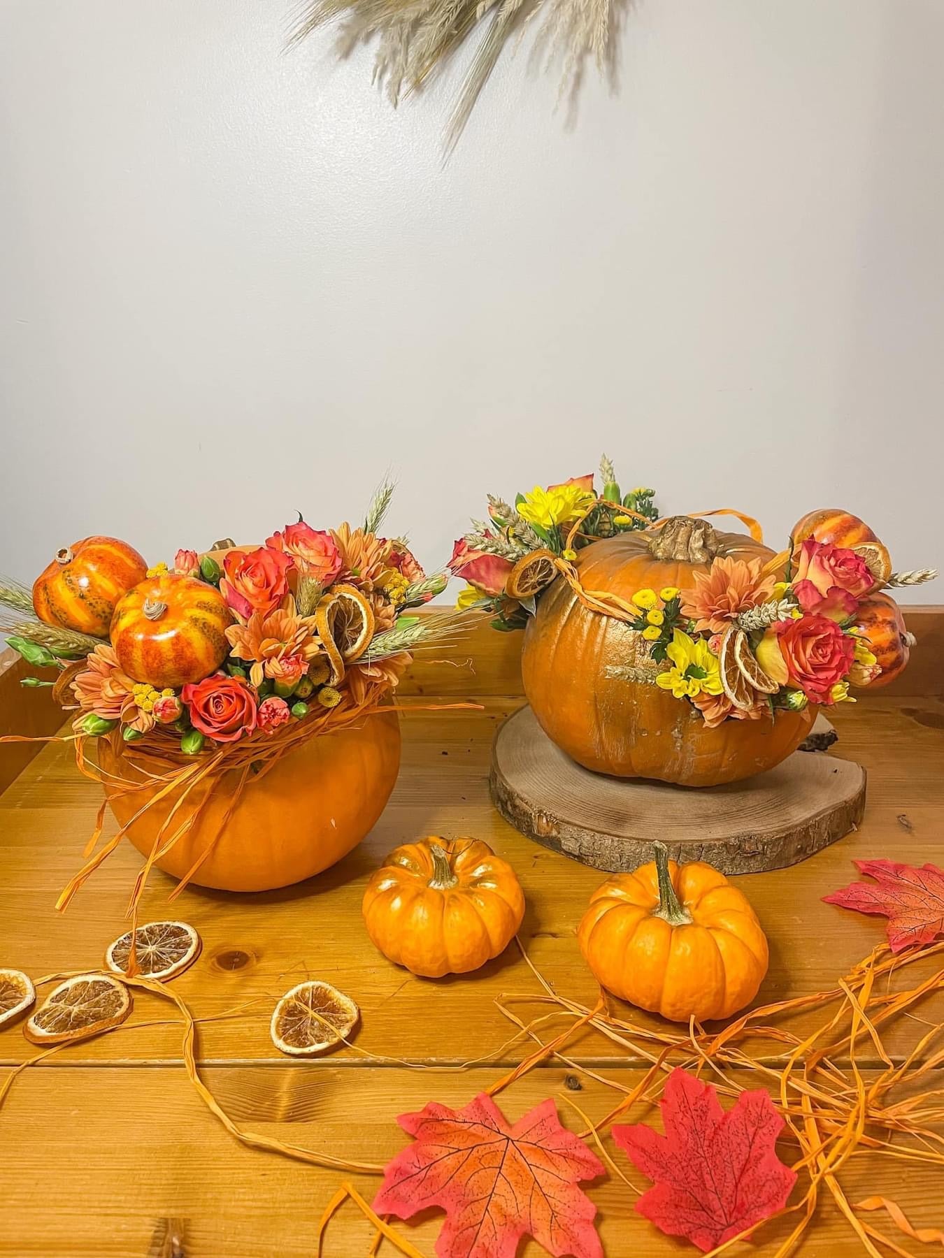 Fresh Flower Pumpkin Arrangement – Autumn Centrepiece