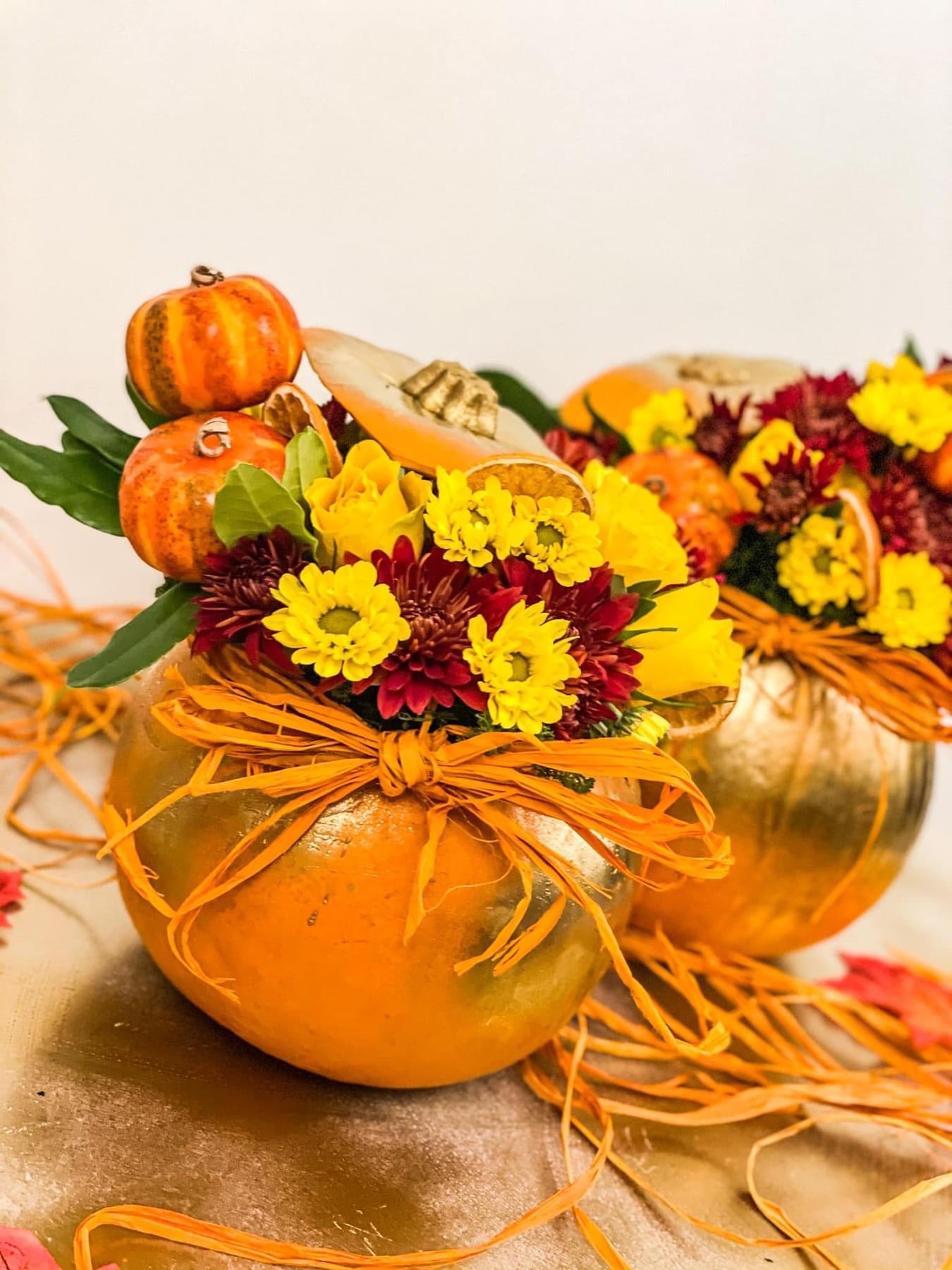 Fresh Flower Pumpkin Arrangement – Autumn Centrepiece