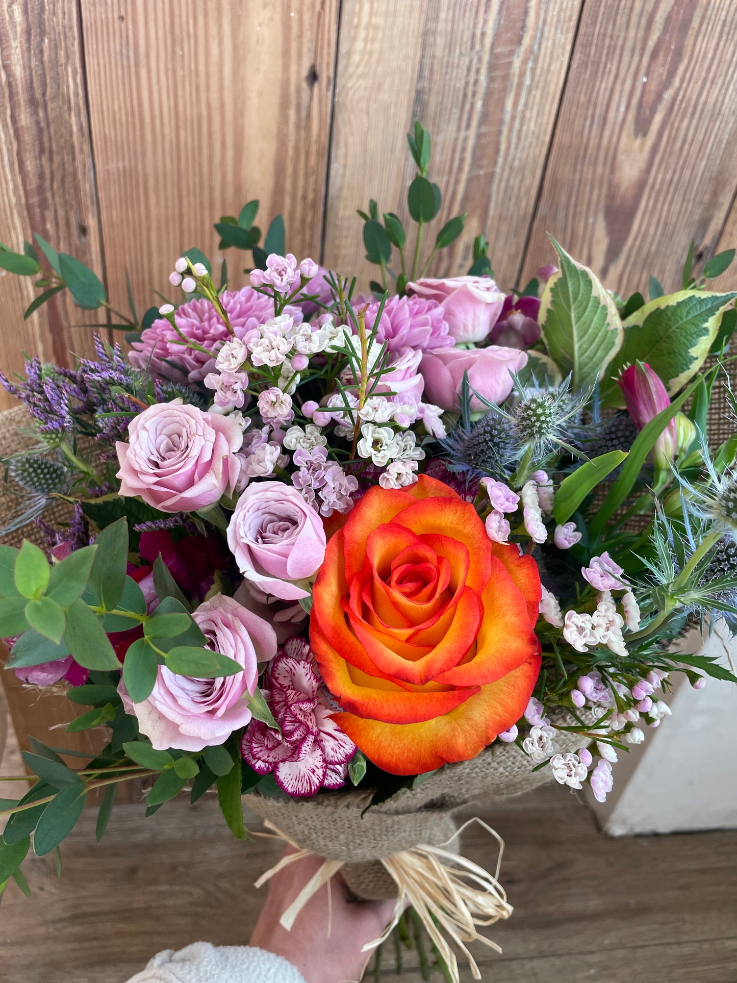 Seasonal Hessian Wrap Flower posy