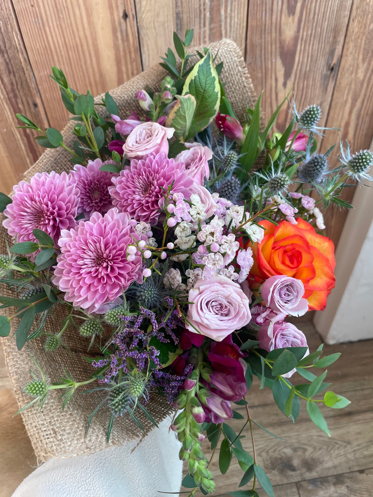 Seasonal Hessian Wrap Flower posy