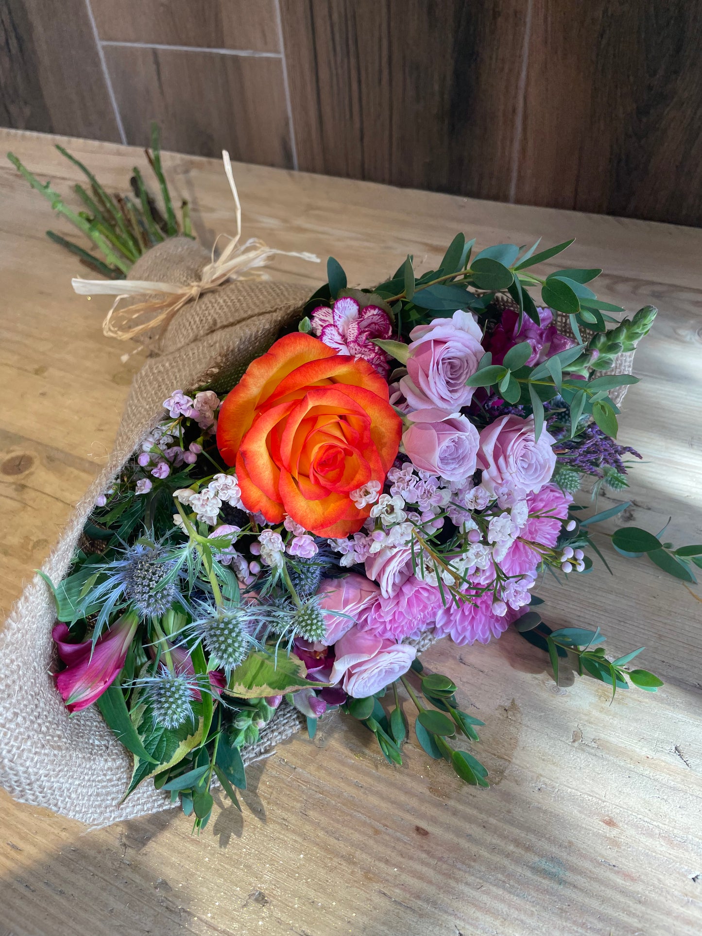 Seasonal Hessian Wrap Flower posy