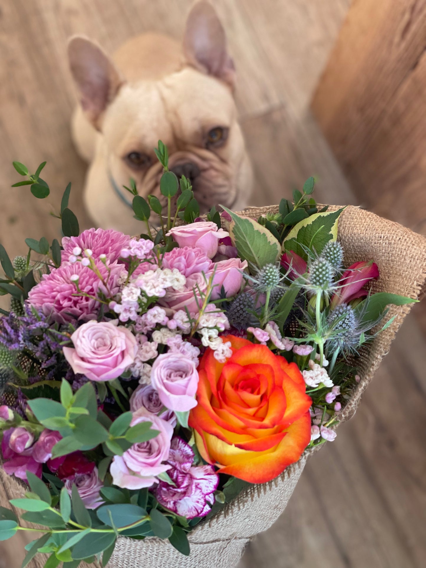 Seasonal Hessian Wrap Flower posy