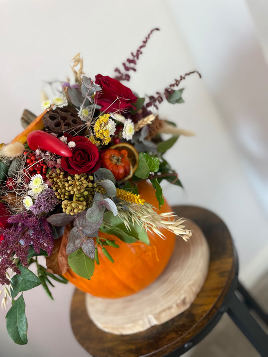 Fresh Flower Pumpkin Arrangement – Autumn Centrepiece