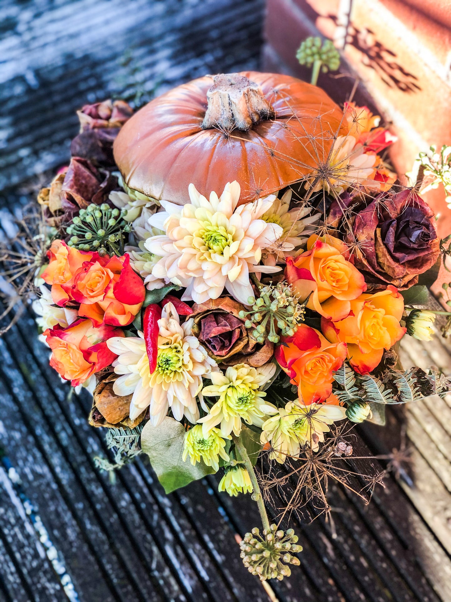 Fresh Flower Pumpkin Arrangement – Autumn Centrepiece